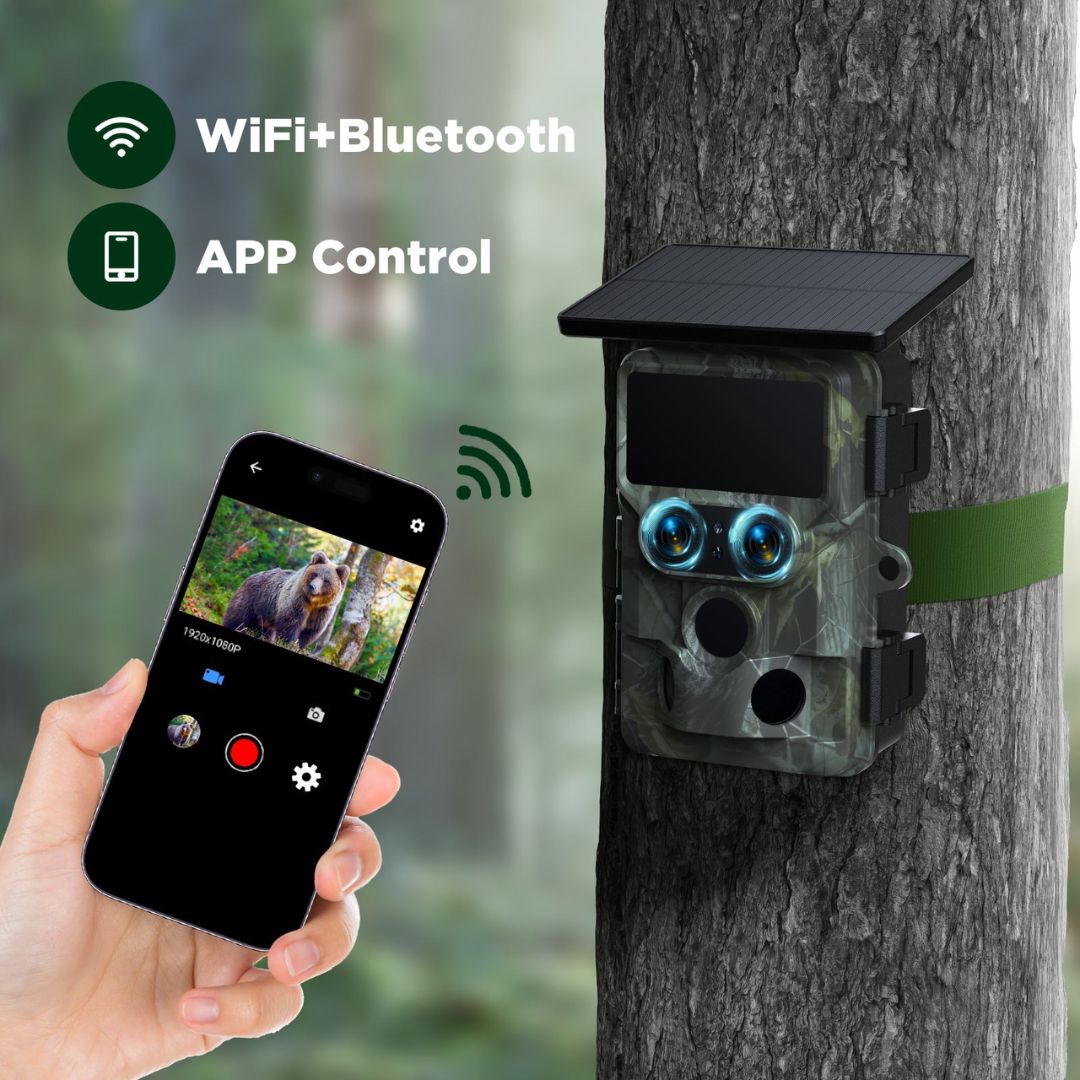 Caméra de surveillance Naturecams 4K HD Wi-Fi à double objectif, alimentée par énergie solaire, pour la chasse aux cerfs