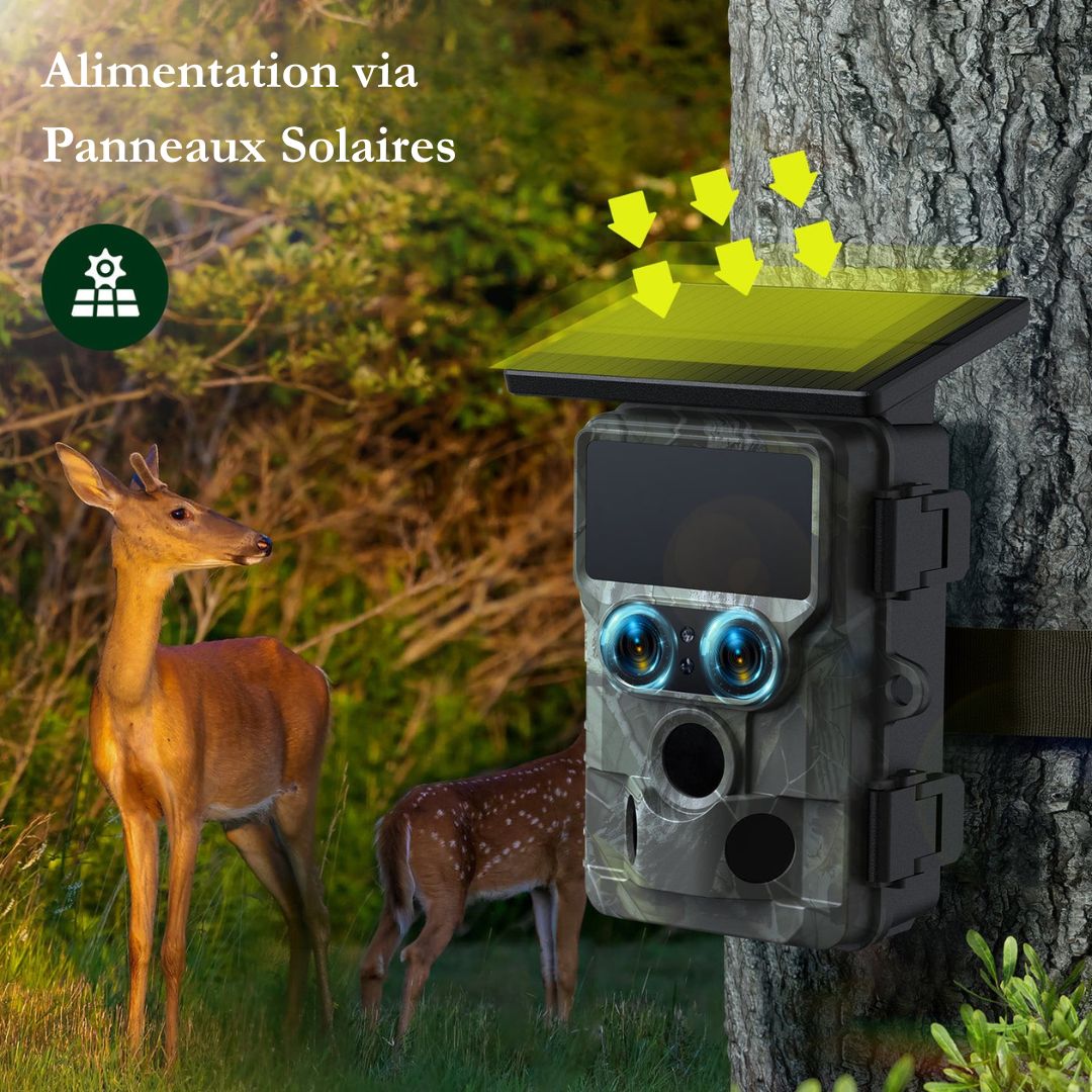 Caméra de surveillance Naturecams 4K HD Wi-Fi à double objectif, alimentée par énergie solaire, pour la chasse aux cerfs